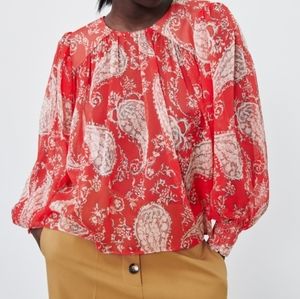 ZARA Red Paisley Chiffon Pullover Blouse